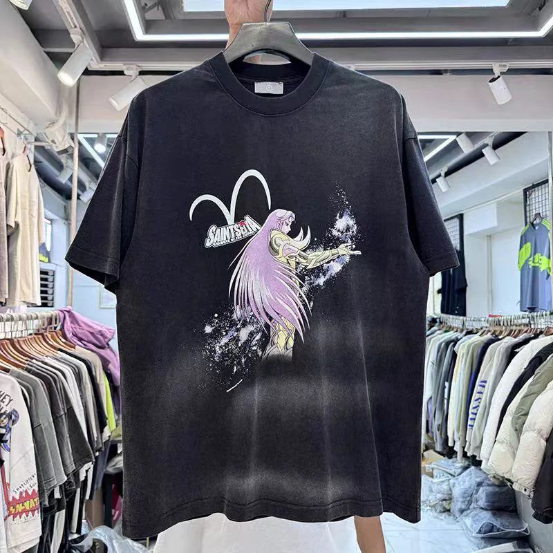 Cartoon Anime Pattern Printing Vintage Make Old T Shirt Men Woman Loose Chaopai Streetwear Short Sleeve Top Tees Street King Limited