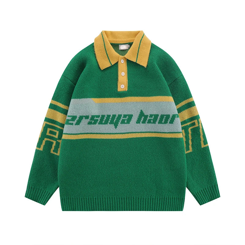 Men Knitted Sweater Jumper Casual Polo Neck Letter Casual Long Sleeve Streetwear Hip Hop Autumn Winter Pullover Knitwear Sweater Street King Limited