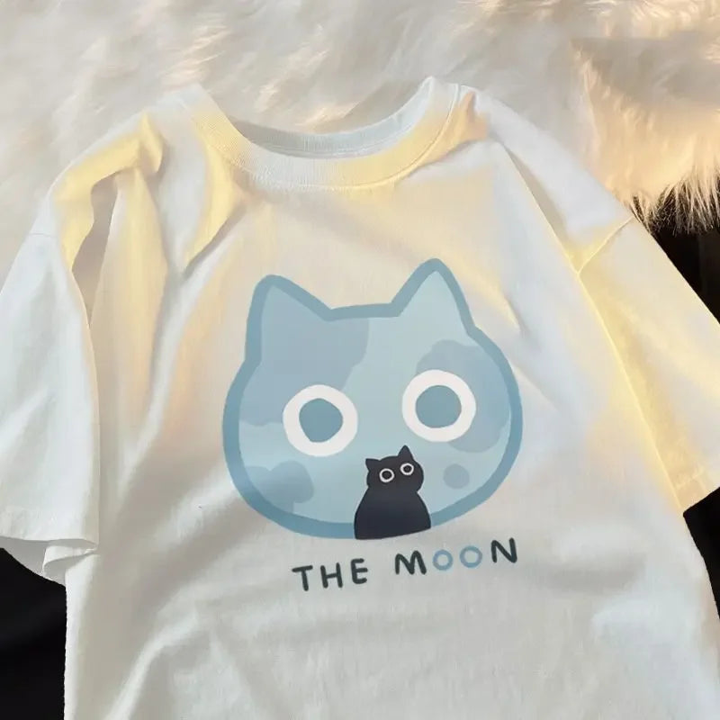 Summer Japanese Cartoon Anime Cat Short Sleeved Pure Cotton Short Sleeved T-shirt Loose and Versatile Cute Student Girl Top Street King Limited