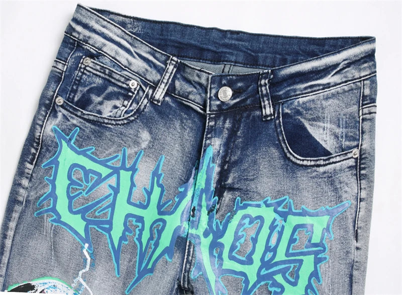 fashion skull graffiti jeans lightning printed denim pants mens distressed biker jeans streetwear slim hip hop pants joggers unique joggers style 4820