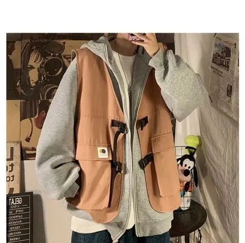Fake two-piece coat men's ins, trendy Japanese functional workwear hooded jacket, autumn European and American retro trend tops Street King Limited