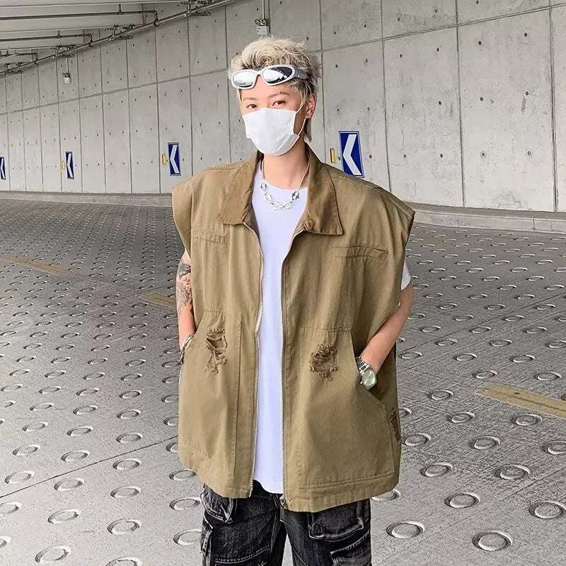 autumn mens zipper sleeveless denim jackets outwear streetwear khaki cargo vest coats 2024 new hip hop fashion working clothes military streetwear pants