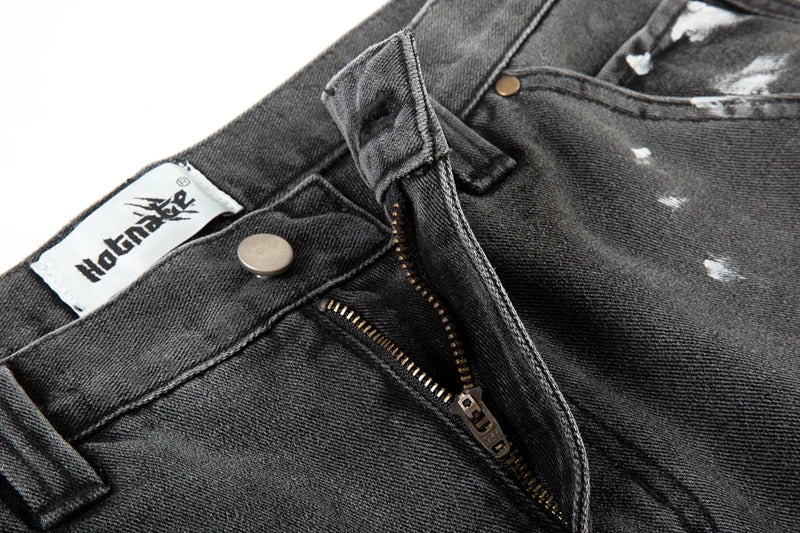 Harajuku Black Graffiti Flared Jeans Pants Patches Hip Hop Splashed Ink Wide Jeans Trousers Blue Slim Fit Washed Jeans for Men Street King Limited