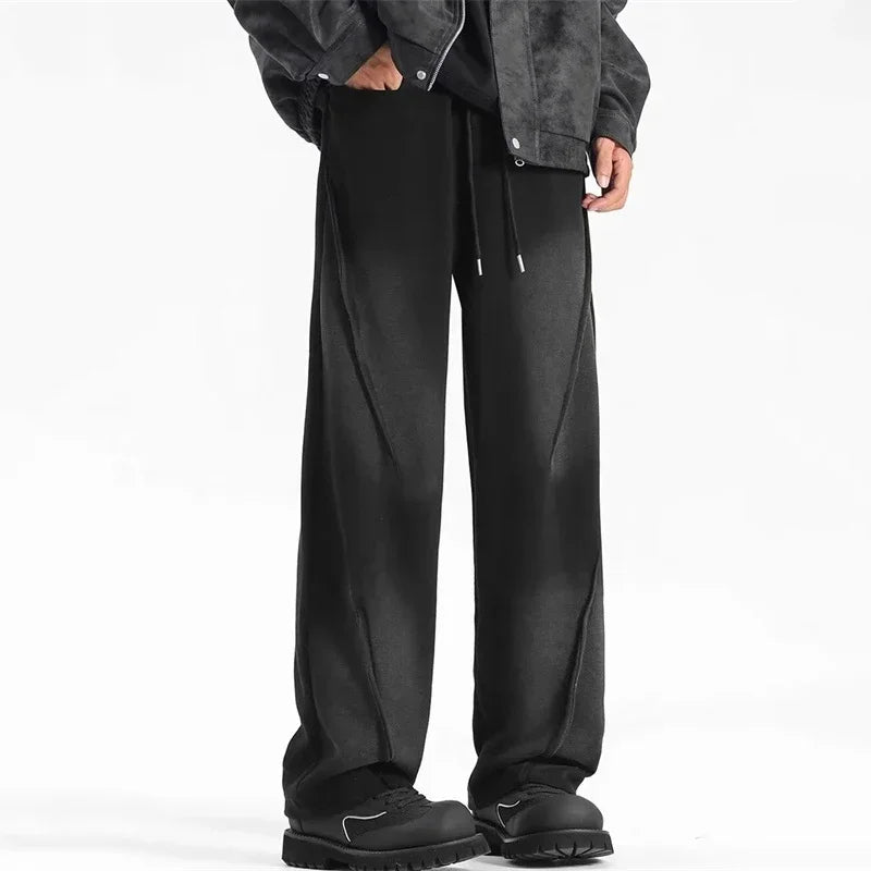 autumn mens high street pleated straight pants korean fashion elastic waist pockets trousers y2k vintage pantalones hombre urban fashion pants