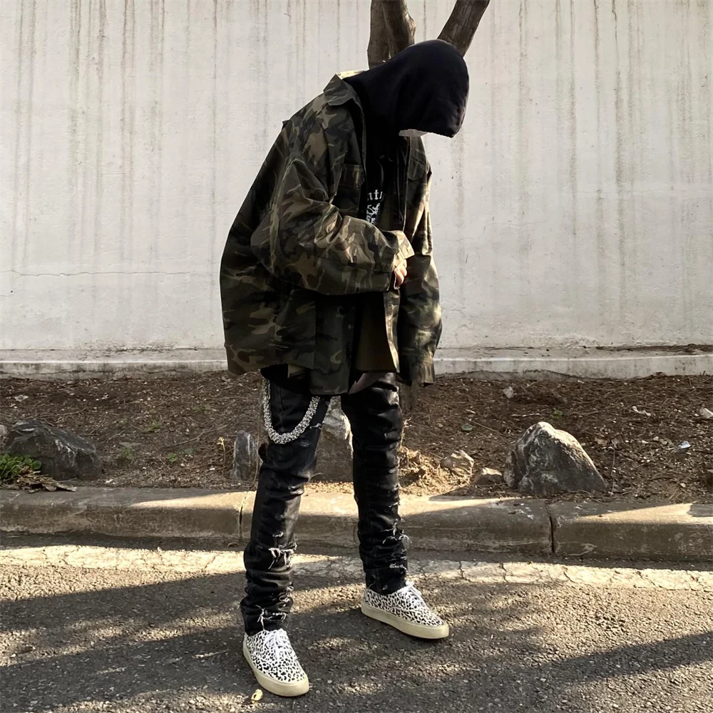 Undermycar High Street Trendy Brand High Quality Extra Large Washed and Worn Dark Checker Patch Camo Shirt Street King Limited