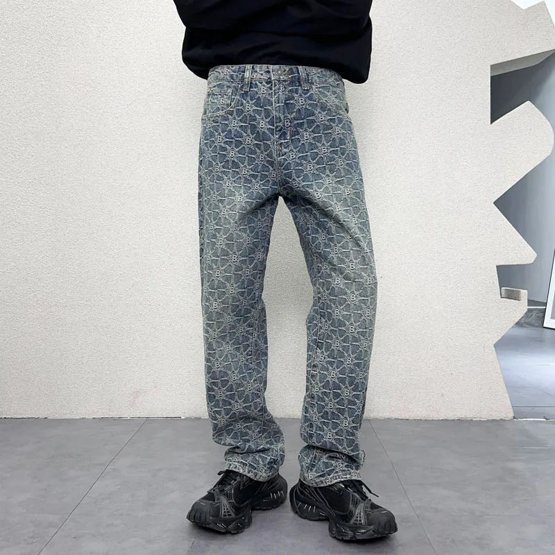 men jacquard streetwear hip hop vibe casual straight denim jeans pants boyfriend high street ripped jeans trousers unique jeans style 3028