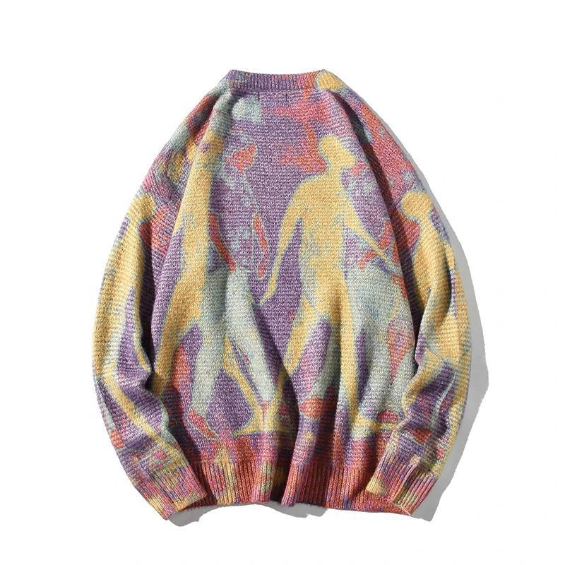 Rainbowtouches Men Sweater High Street Printing Graffiti Purple Pullover Vintage Round Neck Knitted Sweater Spring And Autumn Street King Limited