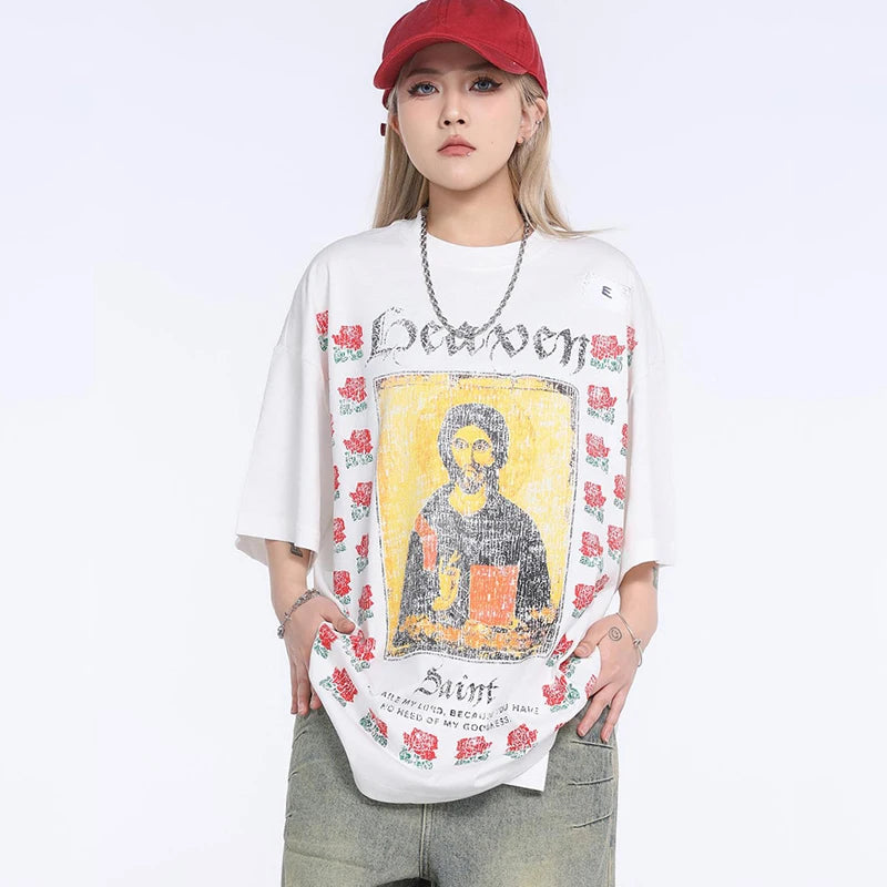 SAINT T-shirts Men Woman New Rose Portrait Printing O-Neck Short Sleeve Summer Loose Lovers Top Tees Street King Limited
