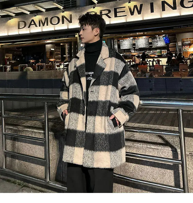 plaid woolen trenchcoat men autumn winter fashion retro streetwear suit collar loose casual trendy trench coat outerwear unique default style 1184