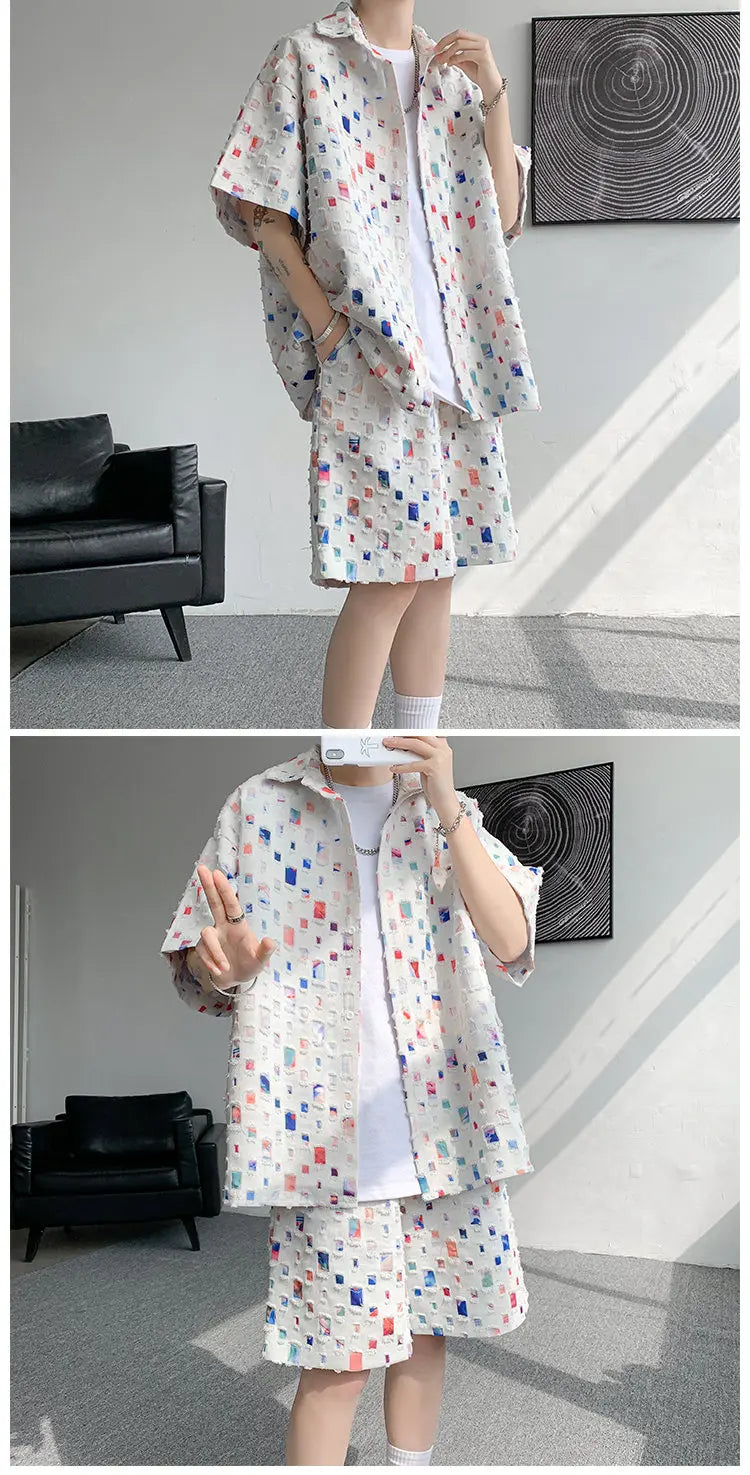 Summer Sets Men Fashion Short Sleeved Shirt Shorts Two-piece Men Korean Loose Hollow Out Set Mens Short Sets Plus Size M-5XL Street King Limited