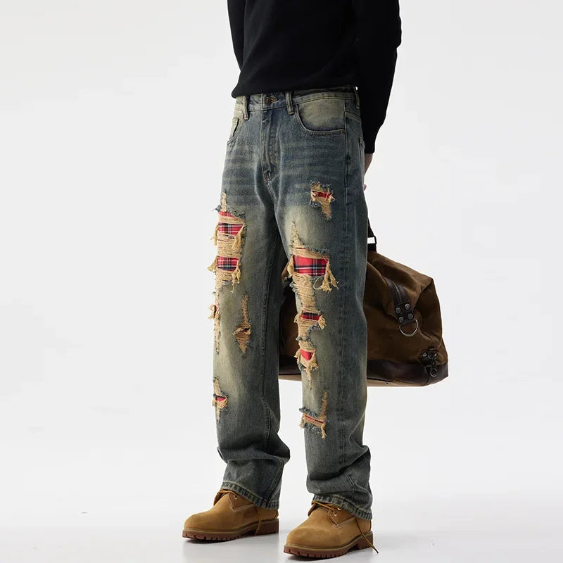 men broken hole patch loose casual plus size straight ripped denim pants jeans man streetwear fashion baggy jeans trousers urban skinny jeans