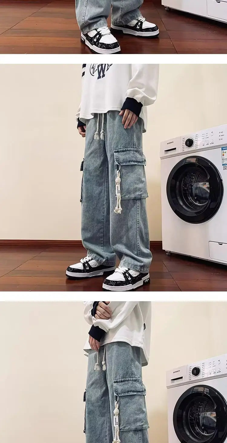 american retro and personalized straight leg jeans for men and women with hiphop big pocket design work pants loose casual pants unique jeans style 754