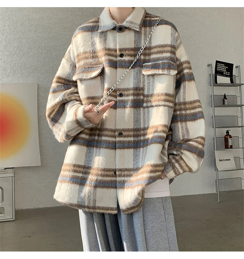 winter y2k vintage striped woolen jackets for men patchwork long sleeve plaid cardigan coats high street cargo shirt jacket unique cargo style 79