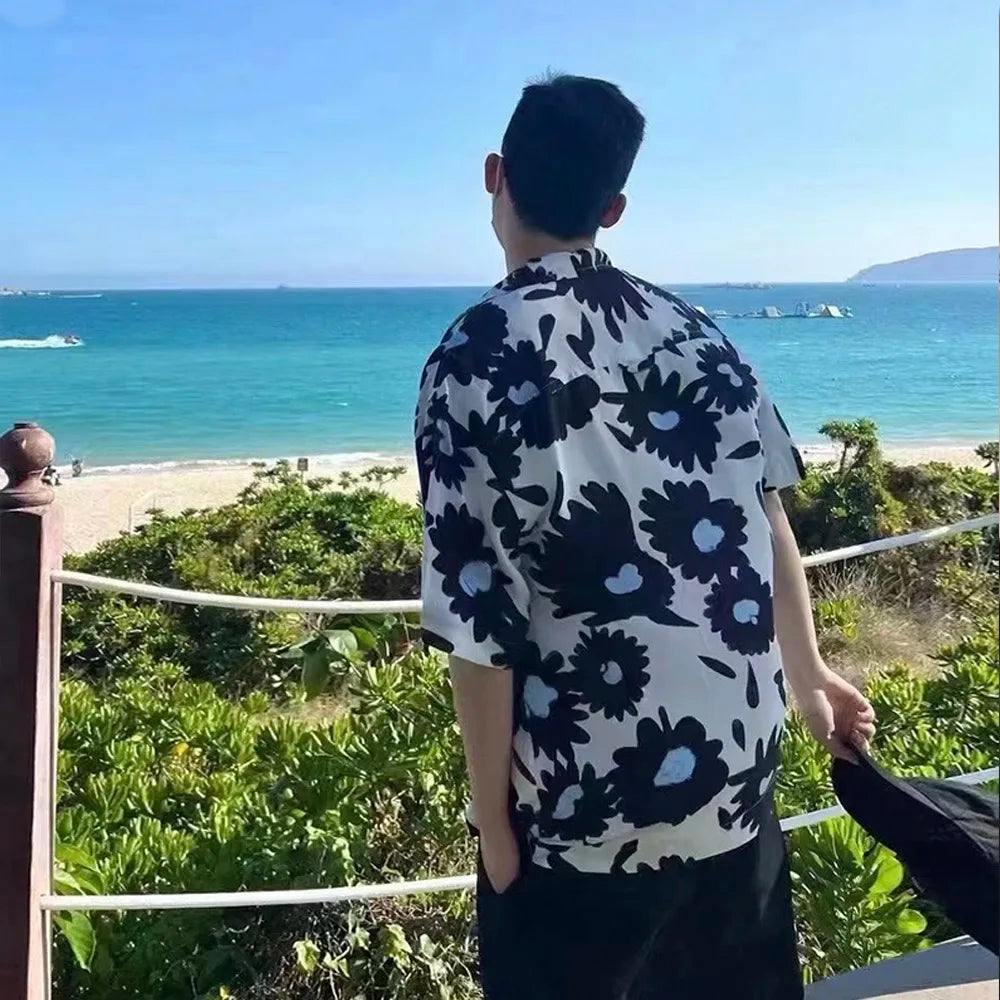 Summer 24SS Vintage Retro Black Flower Direct Print High-Street Casual Beach Style Quality Cold Short Sleeve Shirt Street King Limited