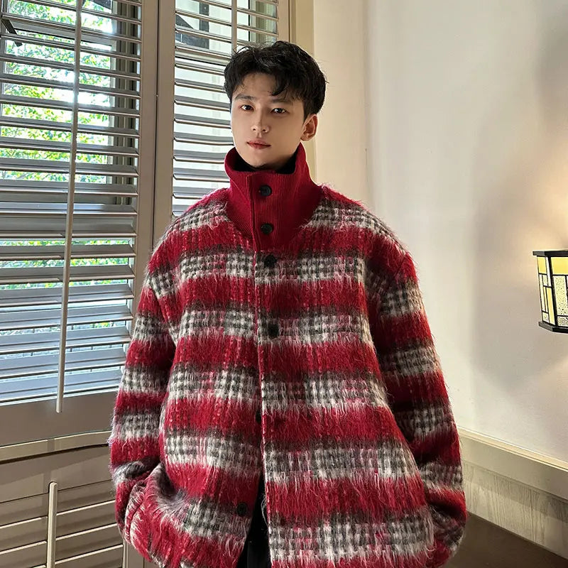 men turtleneck trendy brand fashion stripe christmas woolen bomber jacket women oversize plaid top coat outerwear unique default style 1174