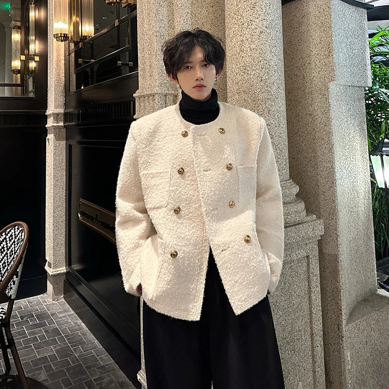 men french fashion retro double breasted woolen loose casual short jacket man autumn winter korean streetwear thicken coat top techwear shorts