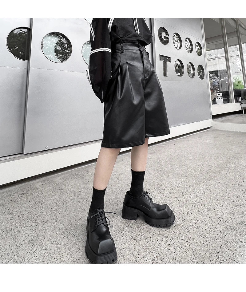 men japanses korean streetwear fashion hip hop loose casual dark black wide leg leather shorts male short pant unique shorts style 918