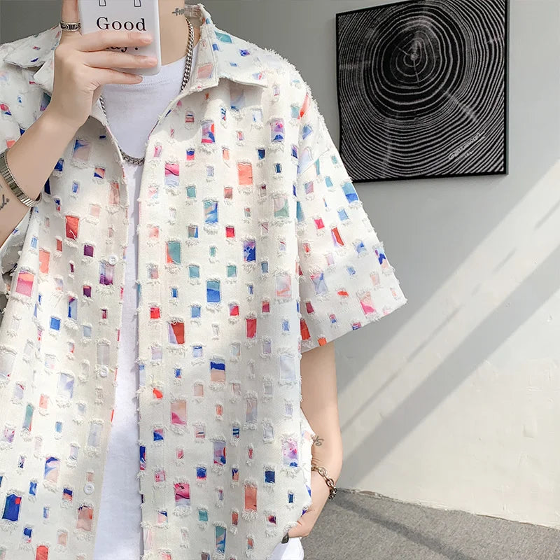 Summer Sets Men Fashion Short Sleeved Shirt Shorts Two-piece Men Korean Loose Hollow Out Set Mens Short Sets Plus Size M-5XL Street King Limited