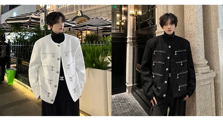 multi zipper sequin woolen jacket men french retro fashionable casual christmas jacket spring autumn coat stage show clothing unique default style 1444