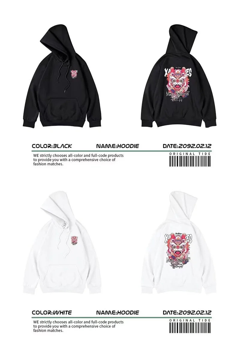 New Lion Dance Graphic Hoodies For Men Y2K Streetwear Fleece Hooded Sweatshirts Hip Hop Fashion Oversized Pullover Hoody Clothes Street King Limited
