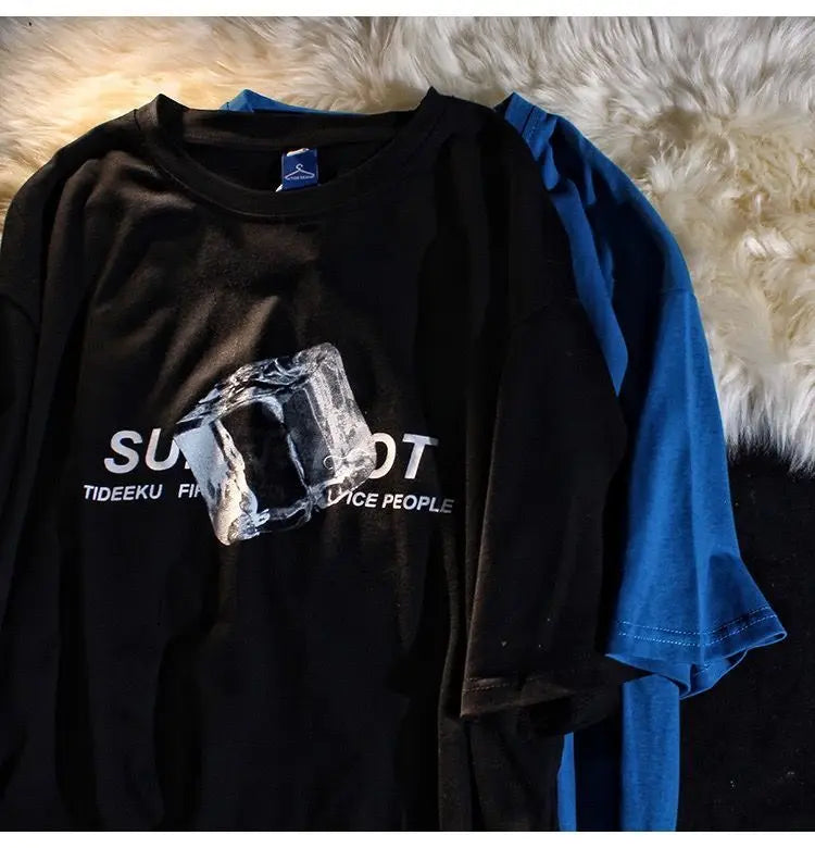 Summer New Cotton American Street Trend Ice Block Print Graphic T-shirt for Men and Women Casual Loose Personality Short Sleeve Street King Limited