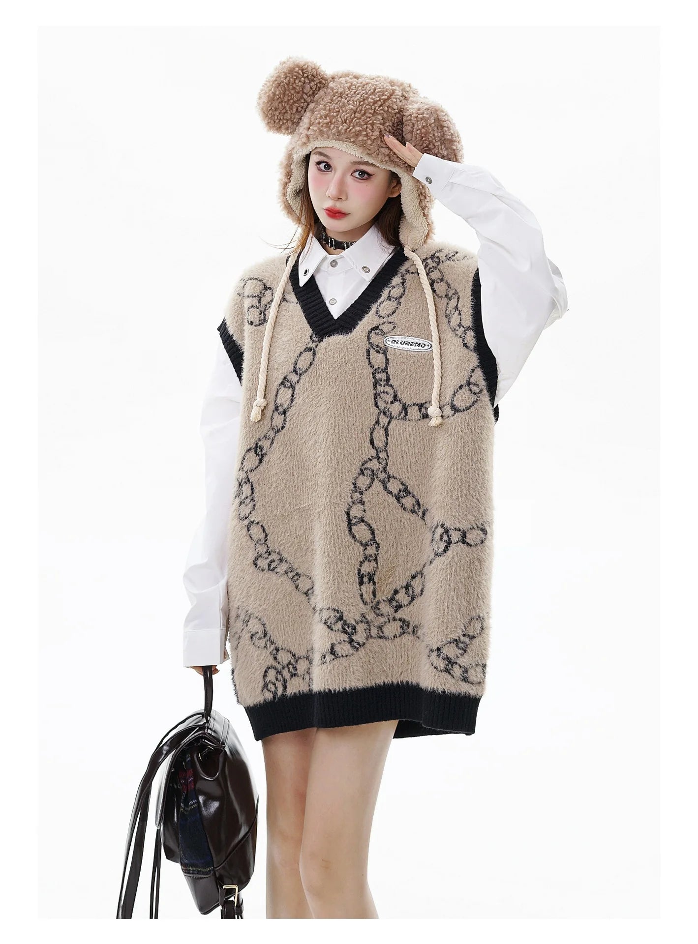 High Street Harajuku Imitation Mink Hair Knitted Vest Chain Color Block V-neck Pullover Sweater Vest Oversized Knitwear Trendy Street King Limited