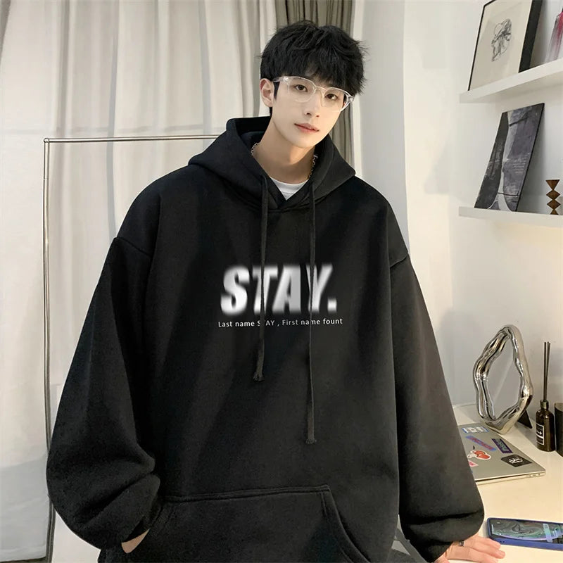 New in Letter STAY Print Sweatshirts Men Casual Vintage Fleece Pullovers Hoodies Autumn Y2K Streetwear Baggy Hoody Clothes Street King Limited