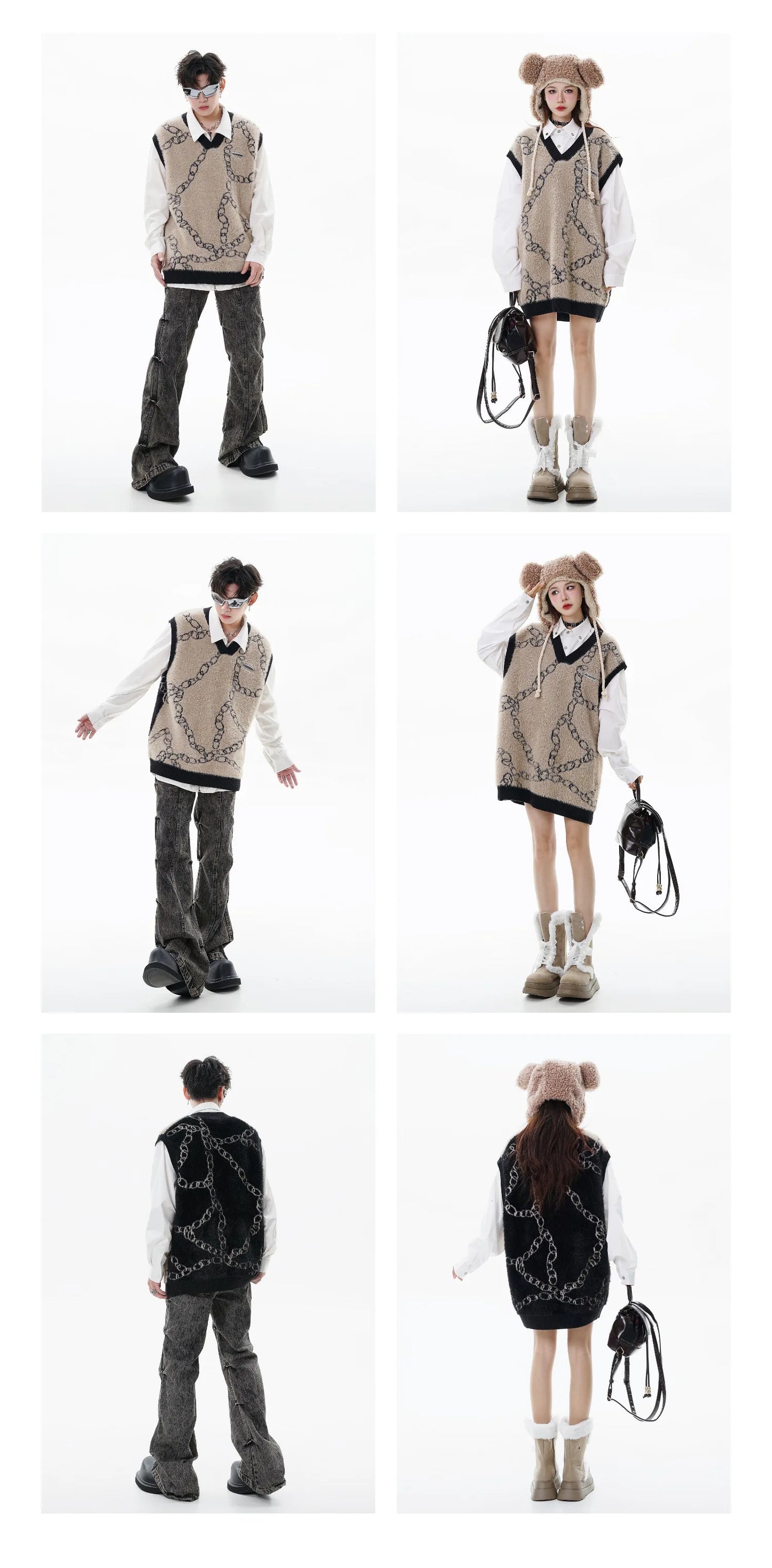High Street Harajuku Imitation Mink Hair Knitted Vest Chain Color Block V-neck Pullover Sweater Vest Oversized Knitwear Trendy Street King Limited
