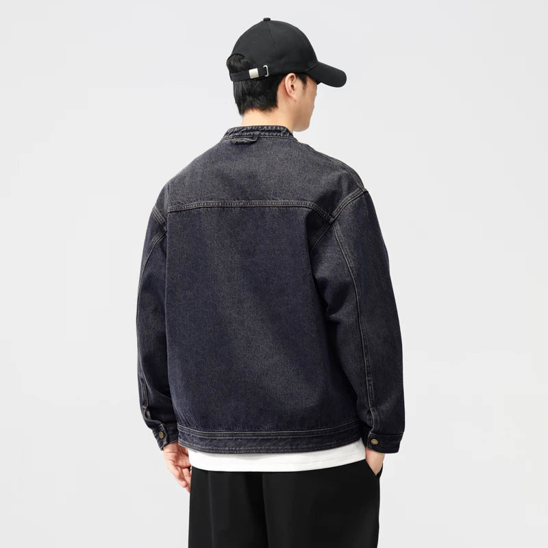 men spring autumn streetwear fashion retro loose casual plus size stand collar denim jacket man jeans coat outerwear denim street jeans