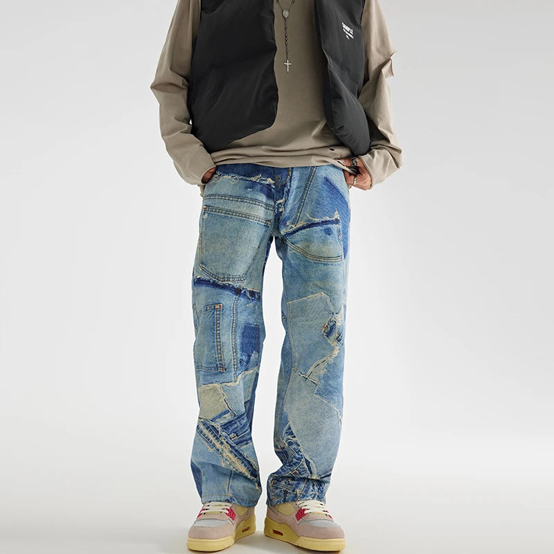 fashion fake patchwork printed denim jeans mens new casual zipper straight loose jeans streetwear hip hop baggy pants joggers relaxed fit joggers
