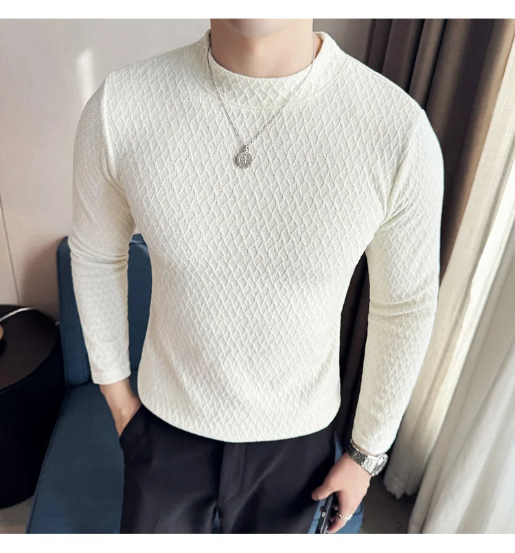 Autumn Winter Semi-turtleneck Stretch Slim Fit Long Sleeve Tshirt Men Thicken Velvet Jacquard Casual T-shirt Bottom T Shirt Street King Limited