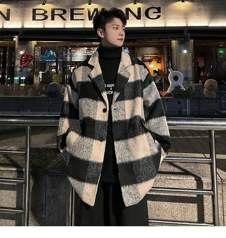 plaid woolen trenchcoat men autumn winter fashion retro streetwear suit collar loose casual trendy trench coat outerwear unique default style 1181