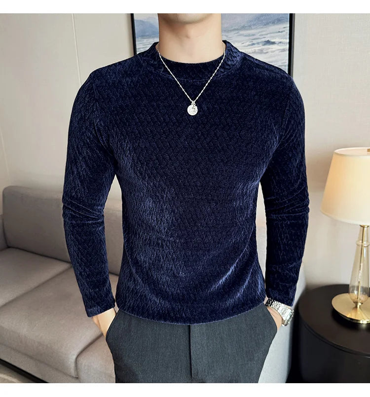 Autumn Winter Semi-turtleneck Stretch Slim Fit Long Sleeve Tshirt Men Thicken Velvet Jacquard Casual T-shirt Bottom T Shirt Street King Limited