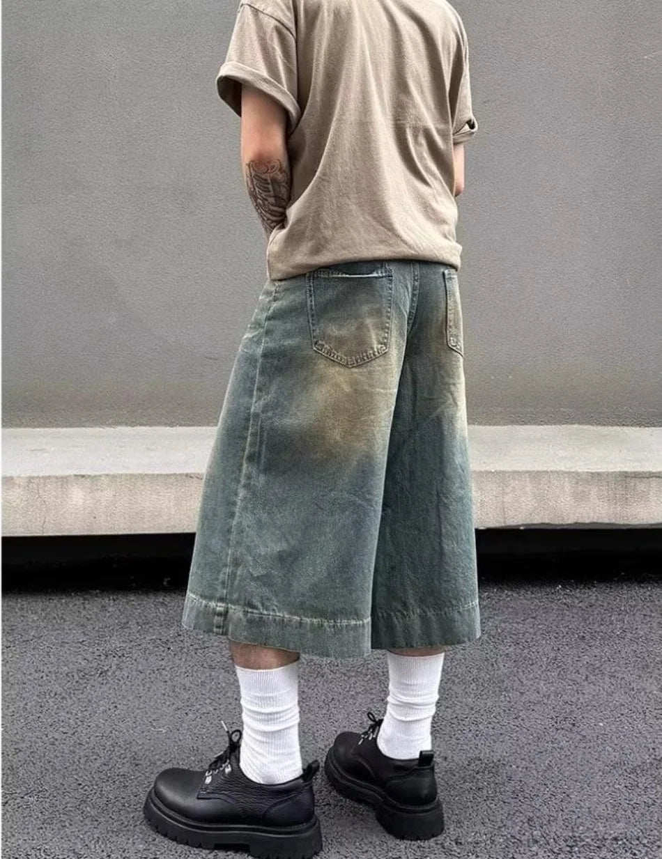 Summer Trend Denim Cropped Trousers Mens American Hip Hop Washed Wide Leg Shorts Unisex High Street Straight Cowboy Mid Pants Street King Limited