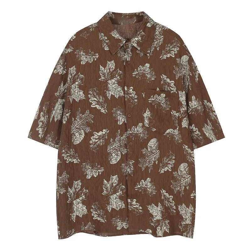 Men Shirts Maple Leaf Print Short Sleeve Shirt Japanese Retro Oversized Blouse Coat Summer Thin Casual Vacation Tops Unisex Street King Limited
