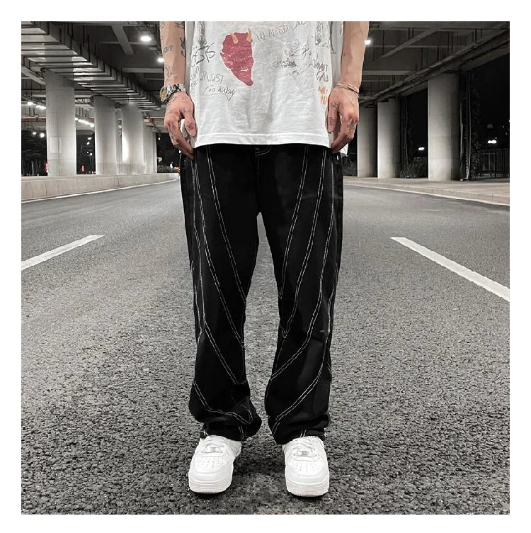 fashion design lines denim jeans mens zipper loose straight trousers hip hop new casual streetwear pants joggers baggy jeans unique joggers style 426