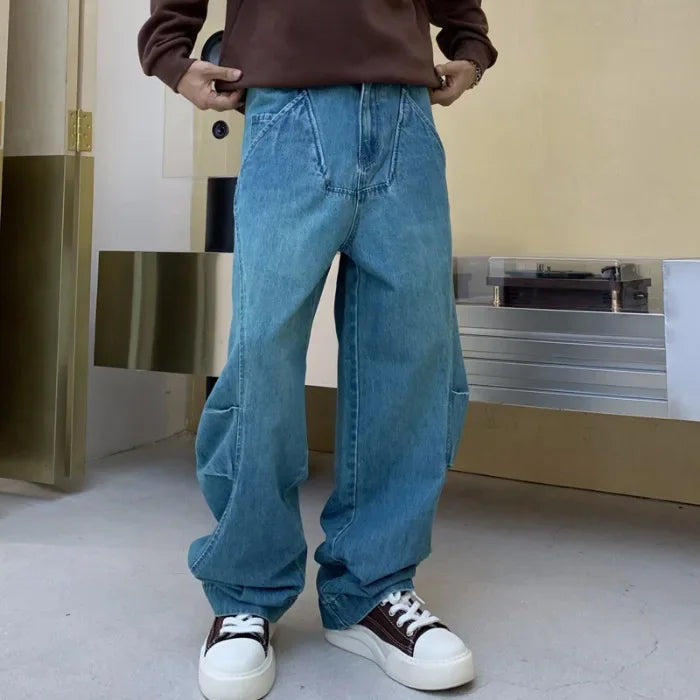 cityboy splice fashion brand jeans men streetwear hip hop vibe loose casual straight washed denim baggy jeans pant man trousers unique jeans style 2552