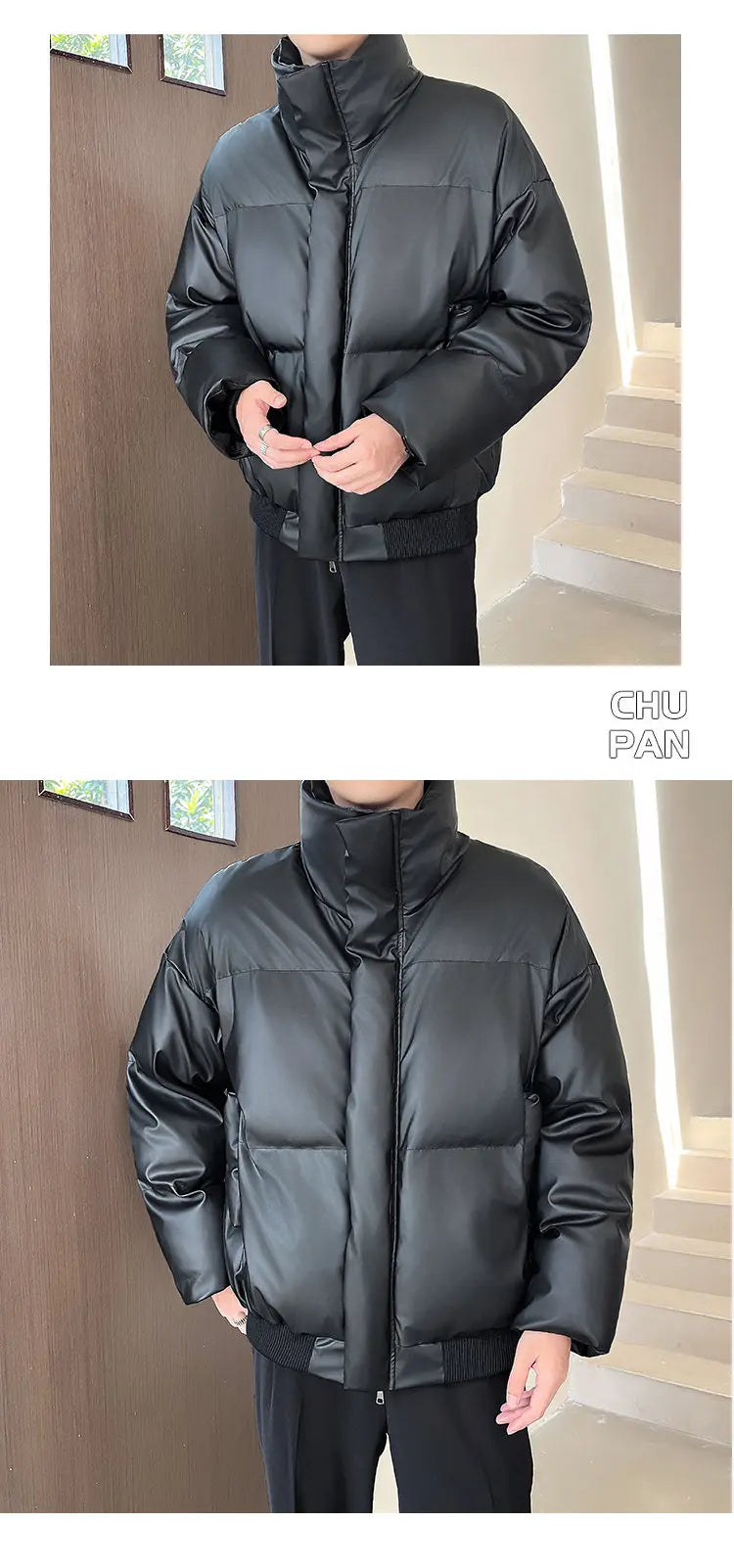 Winter Stand Collar Thicken Leather Short Jacket Men Fashion Loose Casual Warm Cotton-padded PU Leather Bomber Jacket Parka Coat Street King Limited