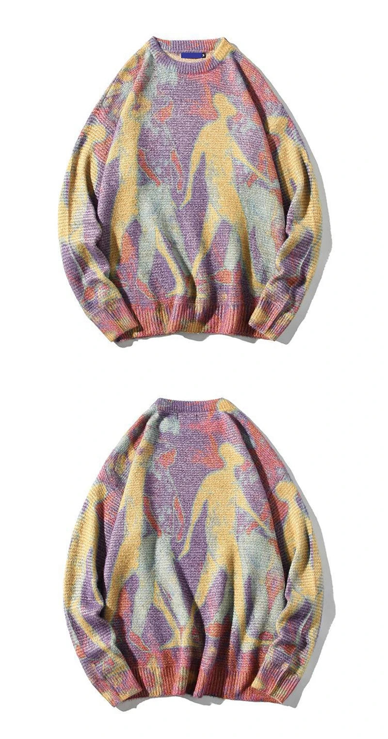 Rainbowtouches Men Sweater High Street Printing Graffiti Purple Pullover Vintage Round Neck Knitted Sweater Spring And Autumn Street King Limited