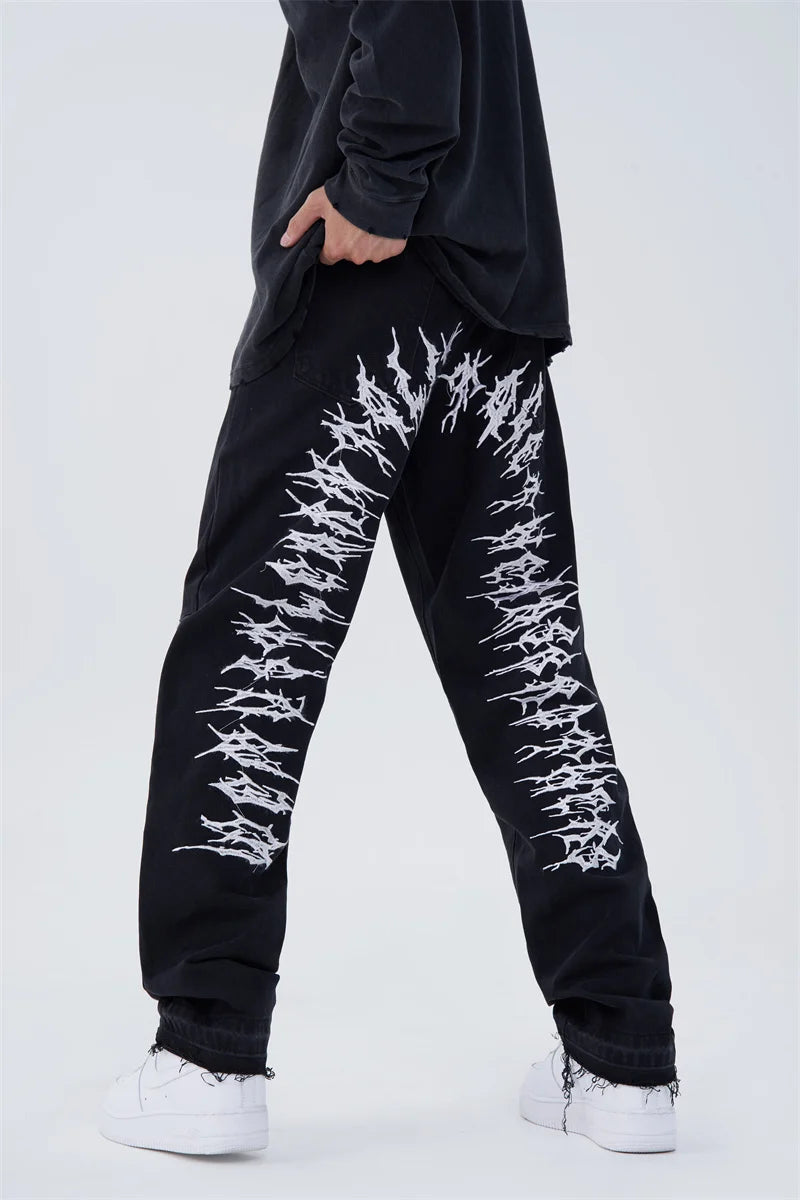 fashion back letters embroidery denim jeans mens casual zipper straight harajuku jean trouser hip hop streetwear pants joggers urban active pants