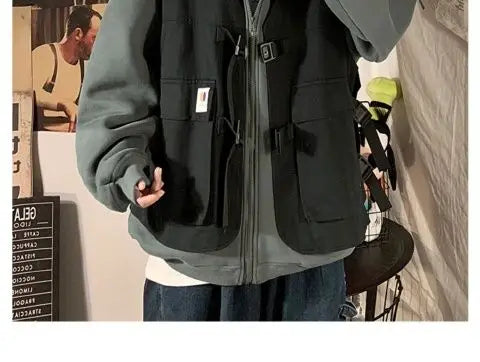 Fake two-piece coat men's ins, trendy Japanese functional workwear hooded jacket, autumn European and American retro trend tops Street King Limited