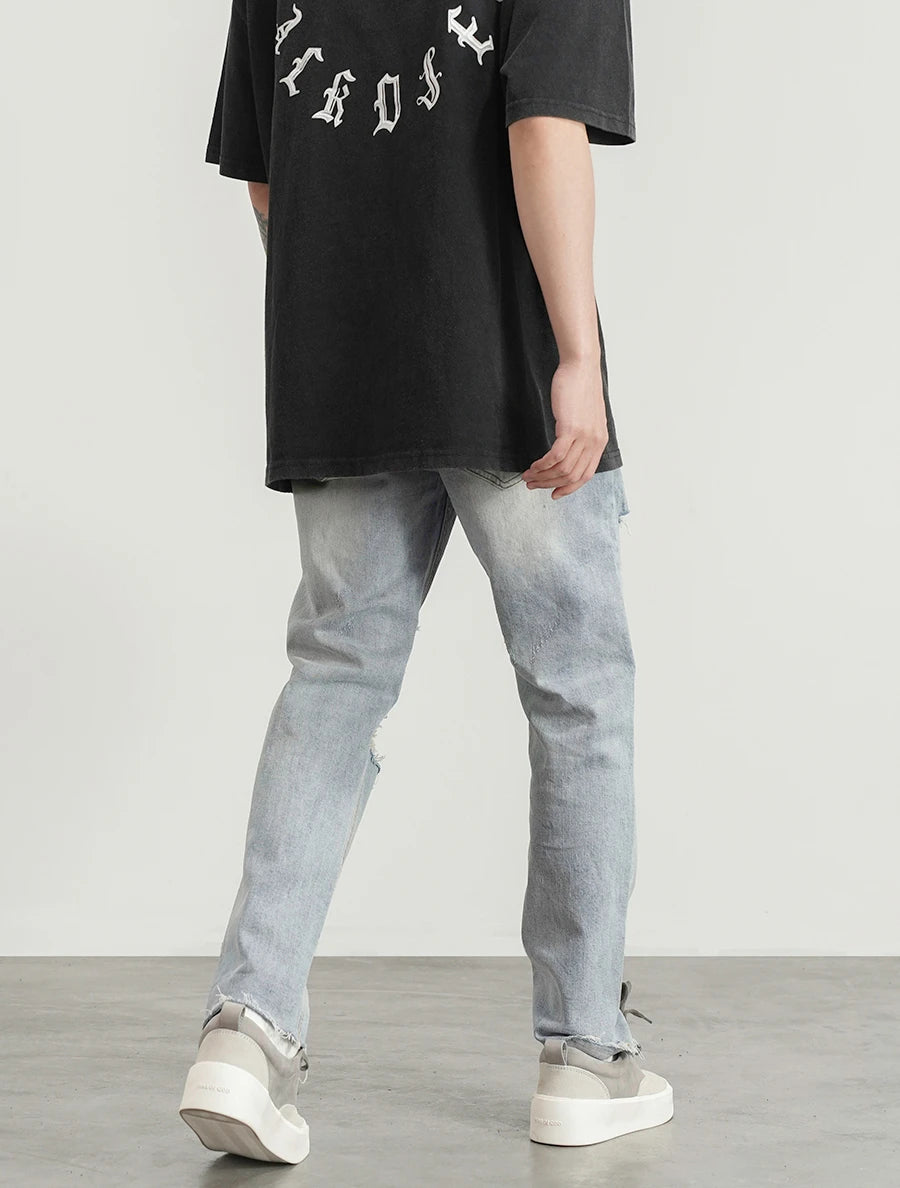 destroied big holes ripped denim jeans mens distressed biker jeans fashion high street slim straight pants streetwear joggers sporty tapered joggers
