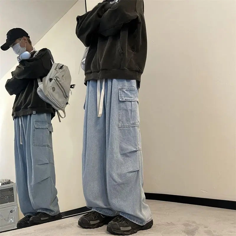 spring and autumn high street men and women trendy american washed straight leg jeans couple american loose retro casual pants stacked flare jeans