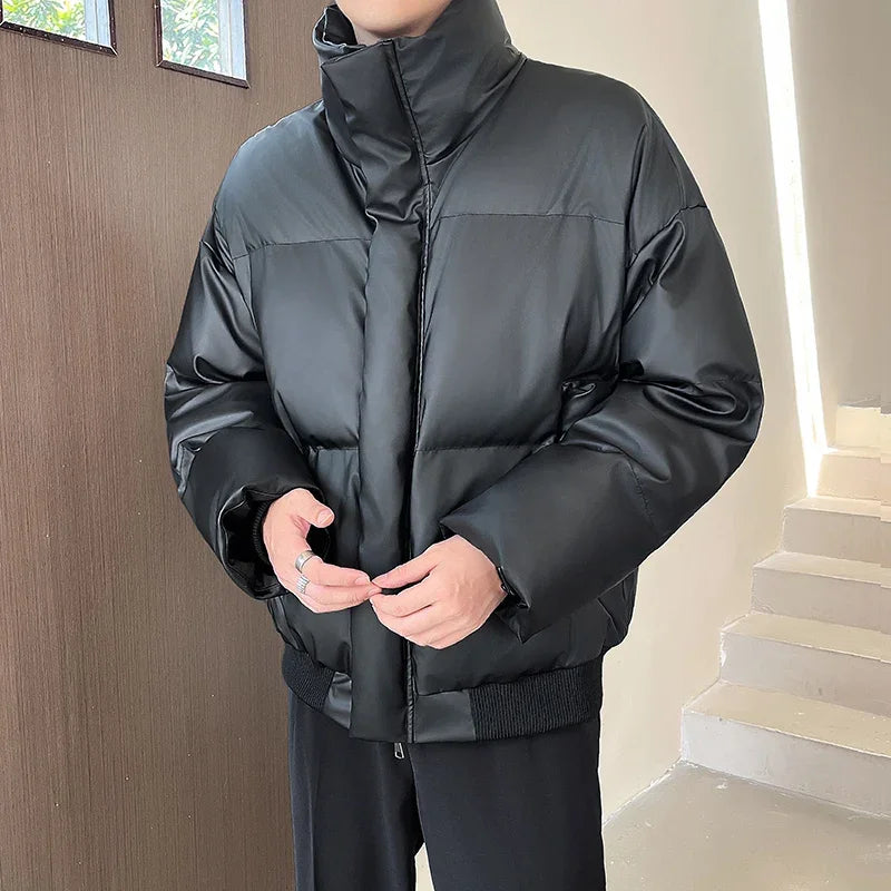 Winter Stand Collar Thicken Leather Short Jacket Men Fashion Loose Casual Warm Cotton-padded PU Leather Bomber Jacket Parka Coat Street King Limited