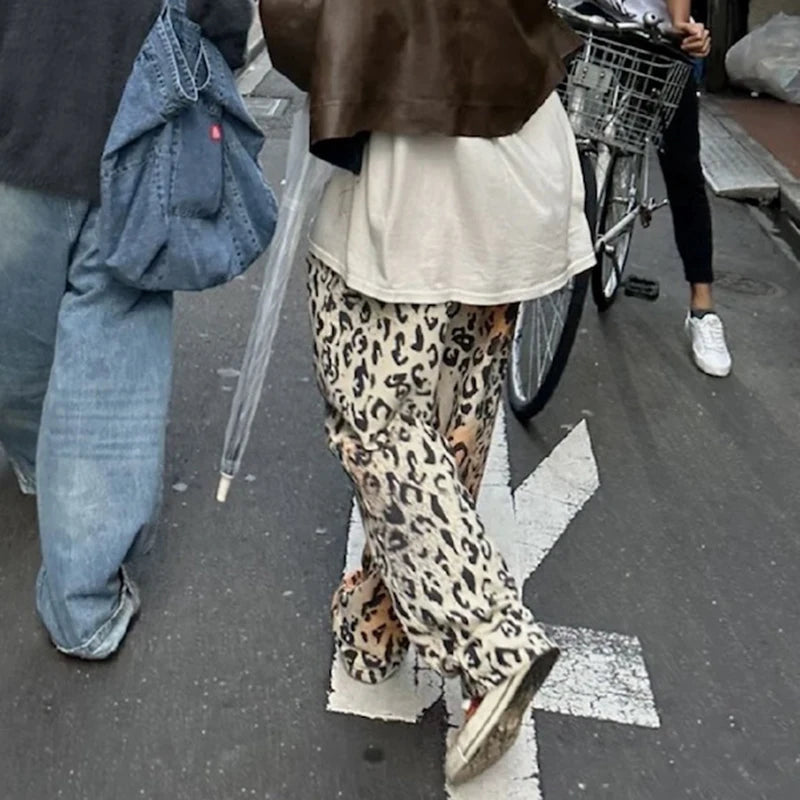 Vintage Leopard Patchwork Straight Baggy Jeans Pants Mens Streetwear Pockets Casual Unisex Denim Trousers Loose Cargo Pants Street King Limited