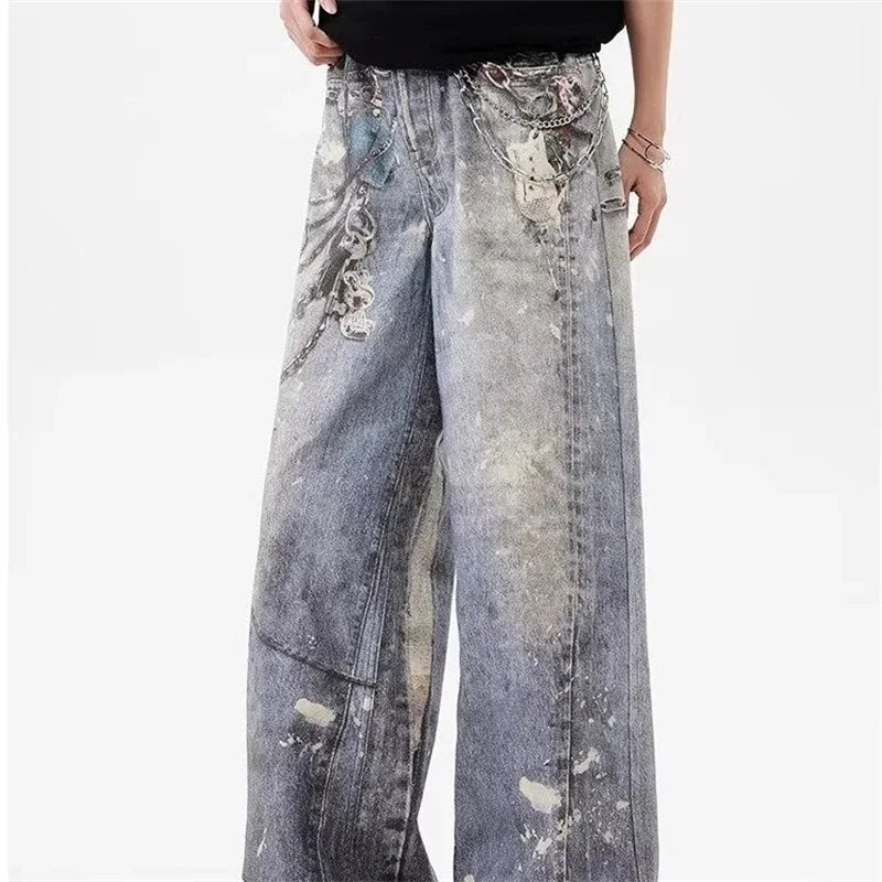 new 3d chain printed baggy jeans for men and women casual baggy straight denim pants high street wide leg y2k blue jean ripped baggy denim