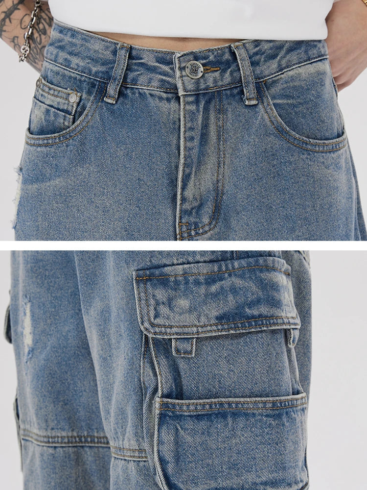 mens baggy jeans side big pocket distressed ripped denim jean straight pants high street cargo jean pants hip hop joggers jeans unique joggers style 1976