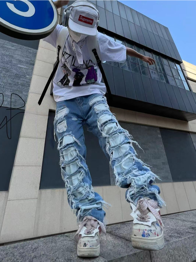 fashion destroyed ripped tassel holes denim jean pants mens casual loose straight baggy y2k jeans hip hop streetwear joggers unique joggers style 4490