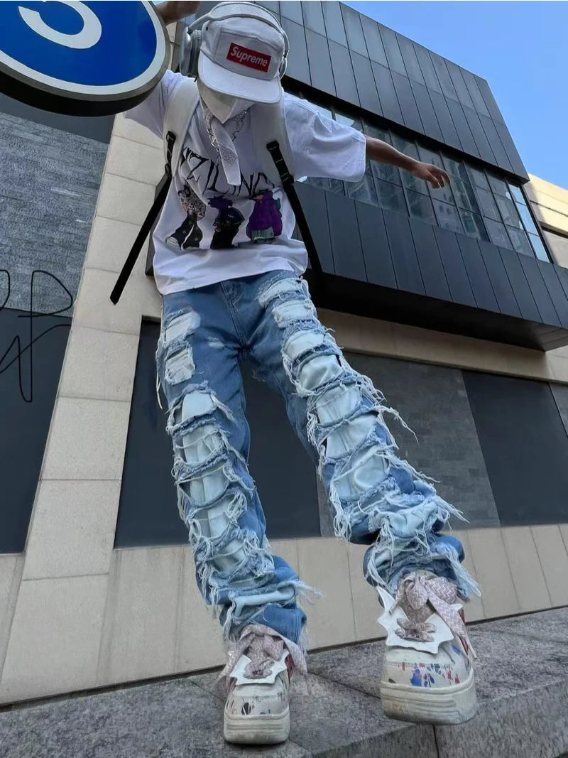 fashion destroyed ripped tassel holes denim jean pants mens casual loose straight baggy y2k jeans hip hop streetwear joggers relaxed fit joggers