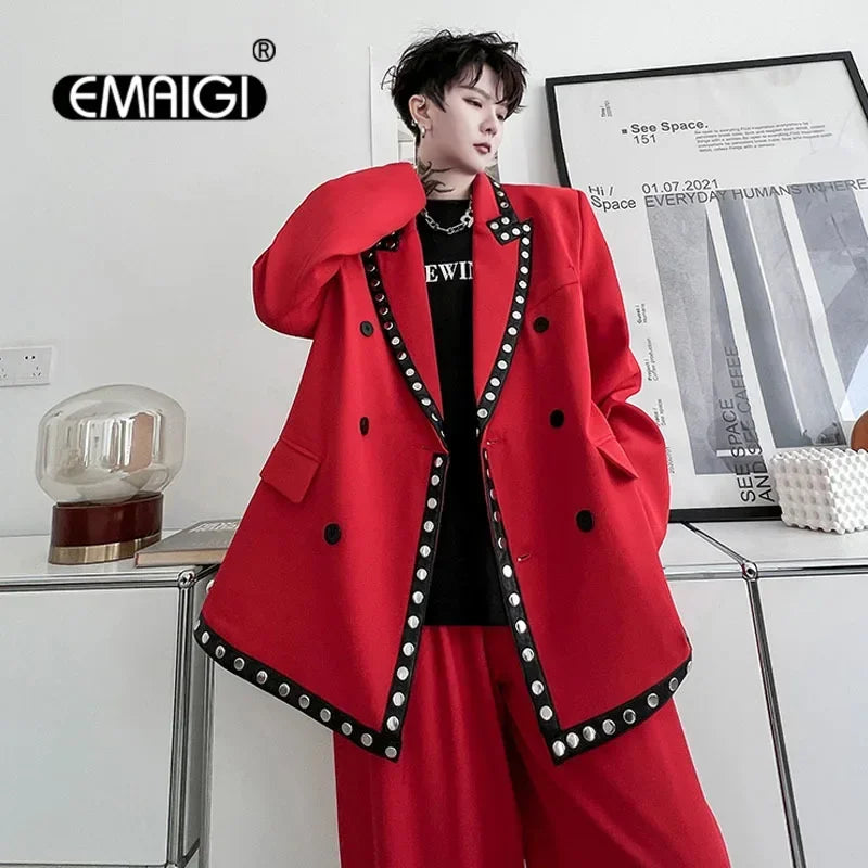 men streetwear fashion loose casual rivet hip hop party dress 2 piece suits blazers jacket pant sets stage clothing costume minimalist street pants